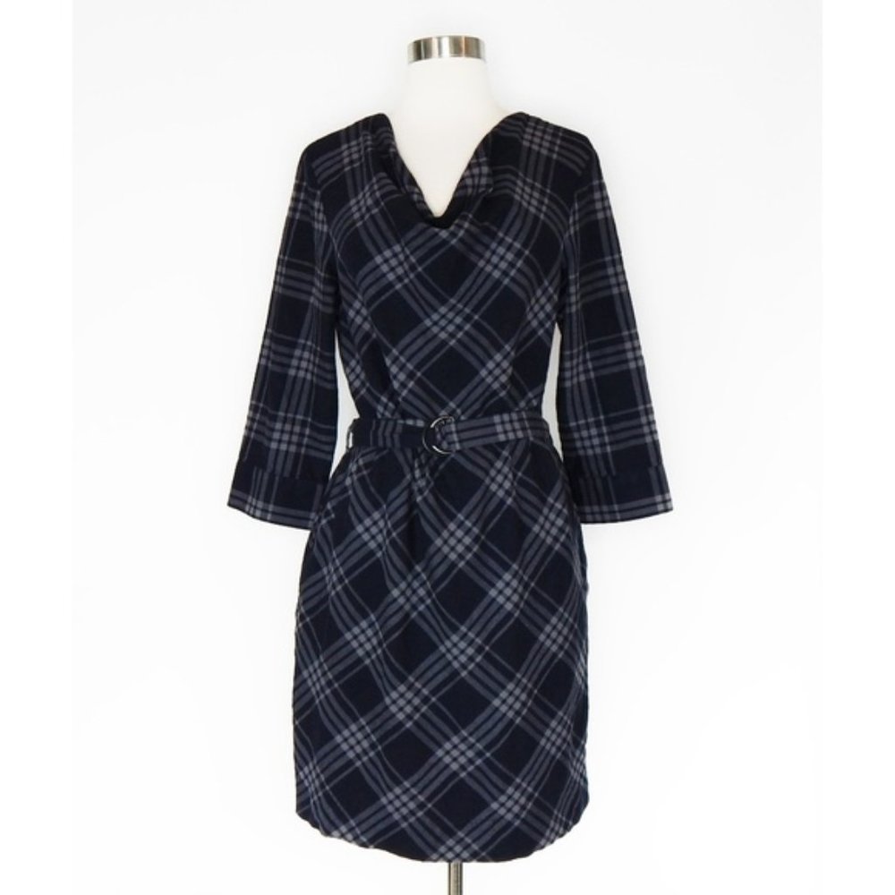 Banana Republic Navy Gray Plaid Cowl Neck Dress 10
